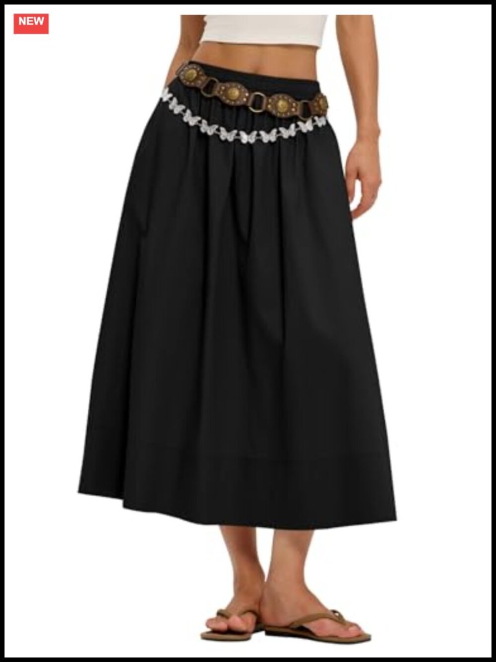 Cotton Midi A-Line Skirt with Pockets Elastic Waist Flowy Summer